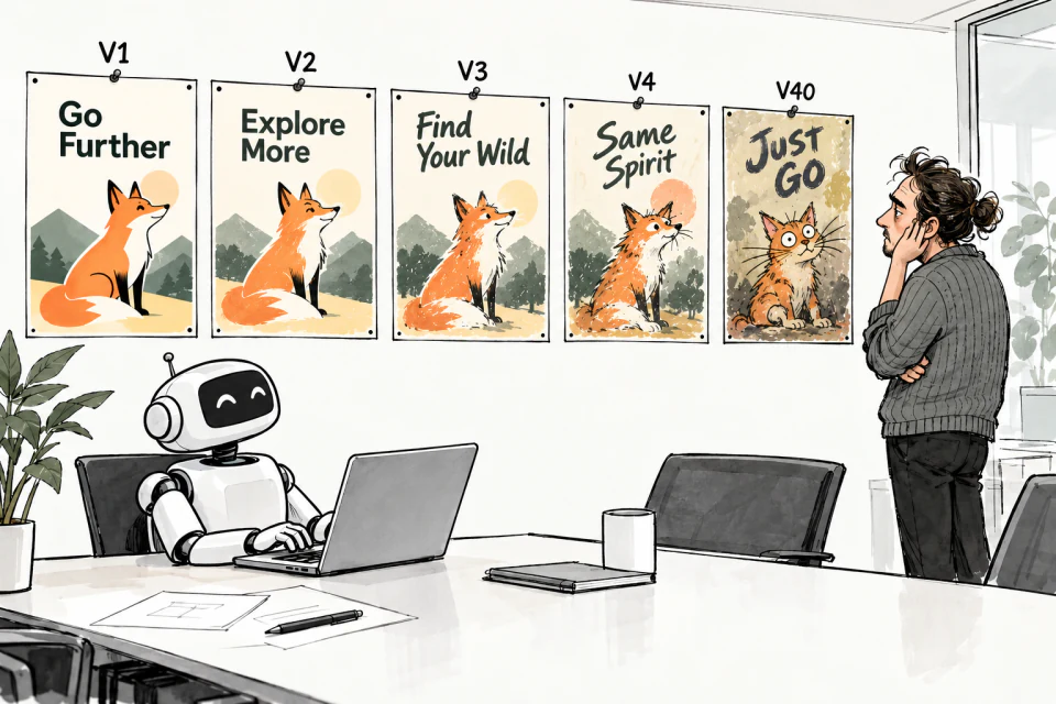 An illustrated series of fox posters drifts into a different design over repeated heading edits.
