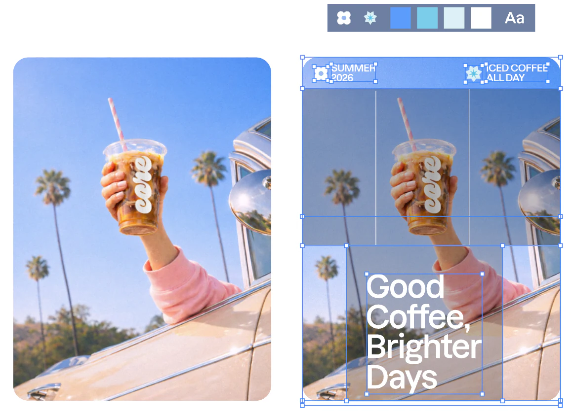 A coffee photo alongside an editable design outlined by blue selection boxes, with its brand kit above